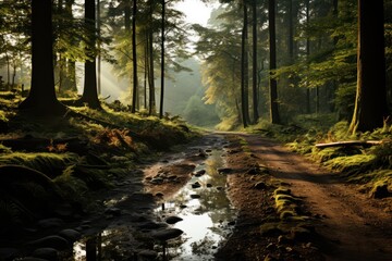 Canvas Print - The dirt road leading through the woods on a foggy summer morning.