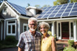 Old couple stands contentedly in front of house or home with solar panels or photovoltaic system on the roof - Topic solar power or green electricity - Generative AI
