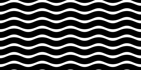 Wave wide line seamless pattern. Wavy thick stripes pattern. Black horizontal water curve lines texture. Simple monochrome black and white background. Editable stroke. Vector illustration.