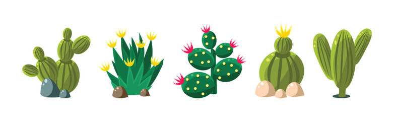 Wall Mural - Cactus Plant Growing as Prickly Desert Flora Vector Set