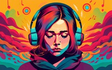 Colorful girl with headphones, auditory hallucinations