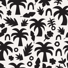 Seamless Repeat Vector Paper Cut Modern Jungle Palm Tree Abstract Fashion Black White Monochrome Leaf Pattern Tropical