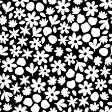Black And White Floral Seamless Pattern. Hand Drawn Tiny White Flowers On Black Background
