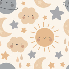 Wall Mural - Moon, Sun, Cloud and Stars Cute Seamless Pattern, Cartoon Vector Illustration, Cute Kawaii Cartoon Drawn Background, Isolated Background