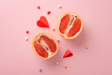 Wall Mural - International Queer Love Day concept. Top view photo of two grapefruit halves, symbolizing feminine intimacy, and small hearts, signifying emotions, on a soft pink backdrop with room for text or ads