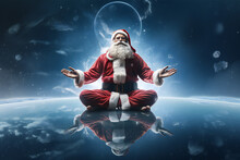 Santa Claus In A Yoga Meditative Pose: A Whimsical Take On Holiday Stress Relief,Ideal For Holiday Health And Wellness Campaigns, Christmas Promotions, Or For A Fun And Approach To Holiday Stress