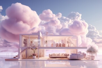Canvas Print - abstract depiction of a modern luxury house surrounded by pink fantasy fluffy clouds