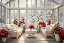 Christmas Themed Sunroom Or Conservatory Filled With Potted Plants, Twinkling Lights, And Cozy Wicker Furniture. Snowfall Outside The Large Windows Adds To The Serene And Inviting Atmosphere
