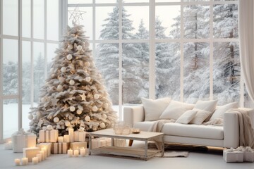 Wall Mural - serene and minimalist Scandinavian-inspired living room, where a simple yet stunning Christmas tree stands adorned with white and silver ornaments