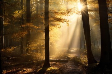 Sticker - Golden sunlight filtering through a dense forest canopy in autumn.