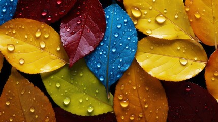 Wall Mural - pattern of autumn leaves, raindrops on them