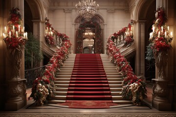 Wall Mural - beautifully decorated foyer,  grand staircase is swathed in christmas garlands and twinkling lights. A majestic chandelier overhead casts a warm glow on the carefully arranged poinsettias and wreaths