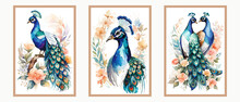 Watercolor Wall Art Of Peacock Among Flower. Design For Home Decor, Postcard, Poster, Art Print, Cover Or Wallpaper