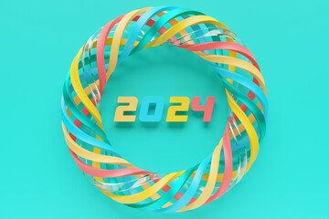 Sticker - Calendar header number 2024 on multicolored torus background. Happy New Year 2024 colorful background.