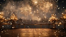 Gold And Silver Fireworks Illuminating The Night Sky, Surrounded By Bokeh Lights, And Leave Ample Copy Space For Festive Greetings.