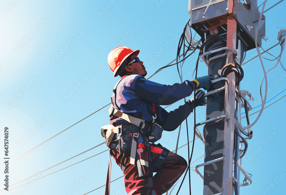 Power Utility Using Ropes Illustration of a worker climb on electricity pole with full of safety ...