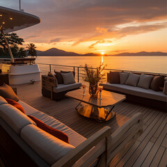 Wall Mural - on board, a luxury mega yacht on the ocean off the coast of Costa Rica right at sunset, with a view of the Costa Rican, ocean and coastline, elegant furnishings