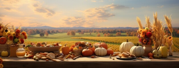 Wall Mural - the fall harvest, with a focus on a basket of pumpkins, apples, and corn set against a backdrop of fields, trees, and a clear sky. Convey the essence of Thanksgiving's agricultural traditions.