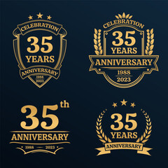 Wall Mural - 35 years anniversary icon or logo set. Vintage birthday banner design. 35th anniversary jubilee celebration golden badge or label collection. Vector illustration.