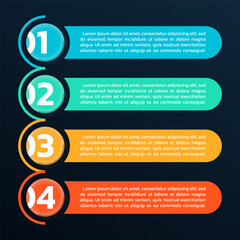 4 steps info graphic, number options, text box banners. Business presentation, layout templates. Infographic design elements, menu with four sections. Vector illustration.