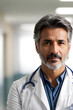 Vertical shot of a middle-aged gray hair male doctor posing for the camera in a white coat with stethoscope in a hospital hallway.