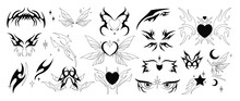 Set Of Y2k Tattoo Symbol Vector On White Background. Black Trendy Element Design With Wing, Butterflies, Heart, Fire, Devil, Angel. 90s Hand Drawn Tattoo Design For Sticker, Decorative, Body Paint.