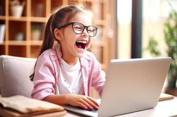 A happy little girl is looking at the phone, a smile on her face. The child communicates via video, online communication with family and friends. An application for children's games. AI gereration