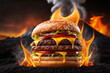 Close-up eines würzigen Hamburgers mit mehreren Feuerflammen darauf, Rauch, Lava, Vulkan im Hintergrund.
