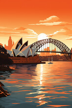 Duotone Basic Pop Art Vintage Style Travel Poster Of The Sydney Opera House And Harbour Bridge With A City Highrise Background In Australia.