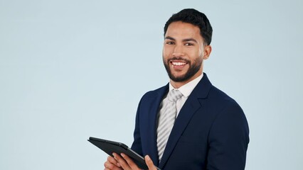Face, business man and tablet in studio for planning research, information and update software on grey background. Portrait of happy arab employee scroll on digital website, online and social network