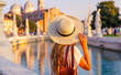Young woman travel in Italy- Padua, Padova, Padoue city, river and bridge- Prato della Valle square and Santa Giustina basilica