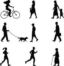 Vector Silhouettes Of People Going About Their Business, Walking Or Exercising, Jogging
