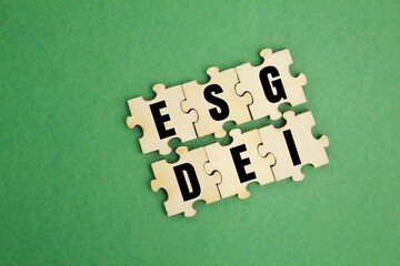 puzzle with the letters ESG or Environmental, social, and corporate governance and DEI or the word Diversity Equity and Inclusion. ESG and DEI