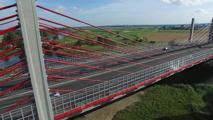 Aerial of Modern Highway Cable-Stayed Bridge on River