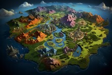 Dive Into The Immersive World Of Gaming As You Navigate A Captivating, Treasure-laden Island On This Fictional Map Designed For A Computer Game, Where The Enchantment Of A Fairy Tale Awaits.
