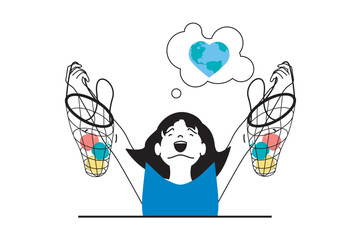 Aufkleber - Zero waste concept with people scene in flat web design. Happy woman using textile eco bags for shopping and gets eco lifestyle habits. Vector illustration for social media banner, marketing material.