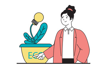 Leinwandbilder - Zero waste concept with people scene in flat web design. Woman using efficiency eco friendly light bulb with solar energy generation. Vector illustration for social media banner, marketing material.