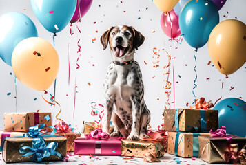 Cute dog with gift present and color balloon.anniversary and celebration or party concepts.decoration background design