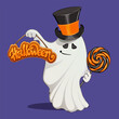Happy ghost, vector icon for Halloween party on dark background