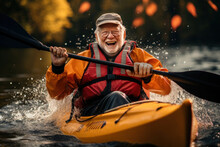 Happy Elderly Man Floating On A Kayak Along An Autumn River