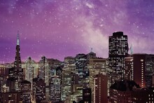 Illuminated Cityscape At Night Under Milky Way, San Francisco, California, USA