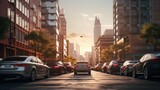 Fototapeta Nowy Jork - a row of parked cars along a city street, with the towering buildings of the urban landscape providing a dramatic backdrop.