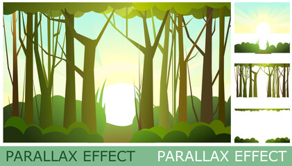 Wall Mural - sunny morning in forest. set of slides create parallax image layer. cartoon style. isolated on white
