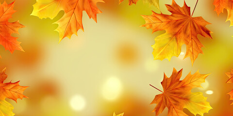 Wall Mural - horizontal autumn banner with a frame of beautiful yellow maple leaves on blurred background with bo