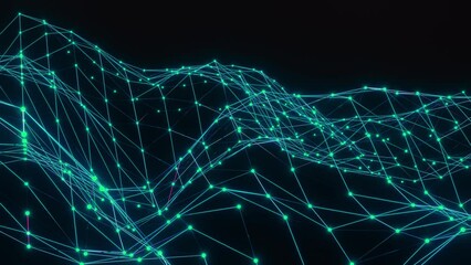 Abstract plexus of moving glowing dots and lines. Network or digital connection. Technology background. 3d rendering. 4K. Seamless loop. Blue Network connection structure