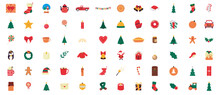 Christmas Big Set Icons: Cute Characters, Santa, Toys, Christmas Tree, Sweets, And Gifts. Adorable Palette Of Confections. Vector Illustration.