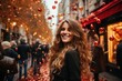 © DIMENSIONS - In this festive background, a joyful girl smiling while colorful balloons and confetti fill the air, all against the backdrop of a blurred street bustling with people. Photorealistic illustration
