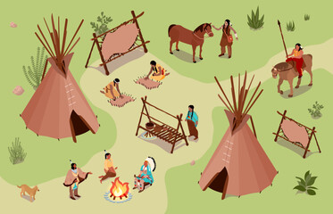 Canvas Print - Isometric Indians Habitat Composition