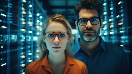 Data scientists work in a modern office of a technology company on the development of a quantum computer. Science, technology, big data and blockchain concept.