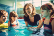 © wai - Swimming teacher teaching children to swim in the swimming pool
